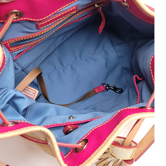 Dooney Bourke White Patent & Vachetta Leather Drawstring Bucket Shoulder Bag - Picture 8 of 10